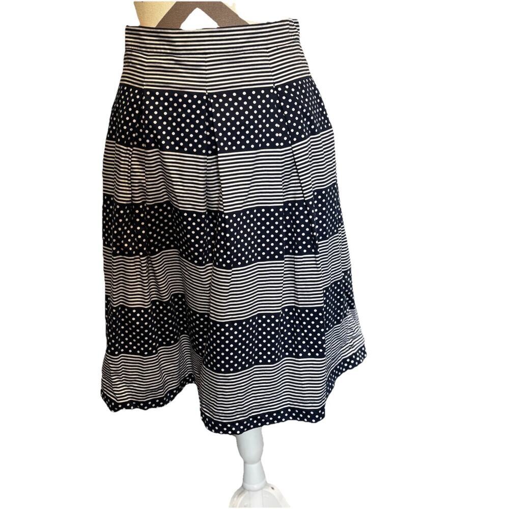 Boden Blue White Polka Dot Striped Pleated 6 A-Line Skirt Lined Midi Cotton Fun